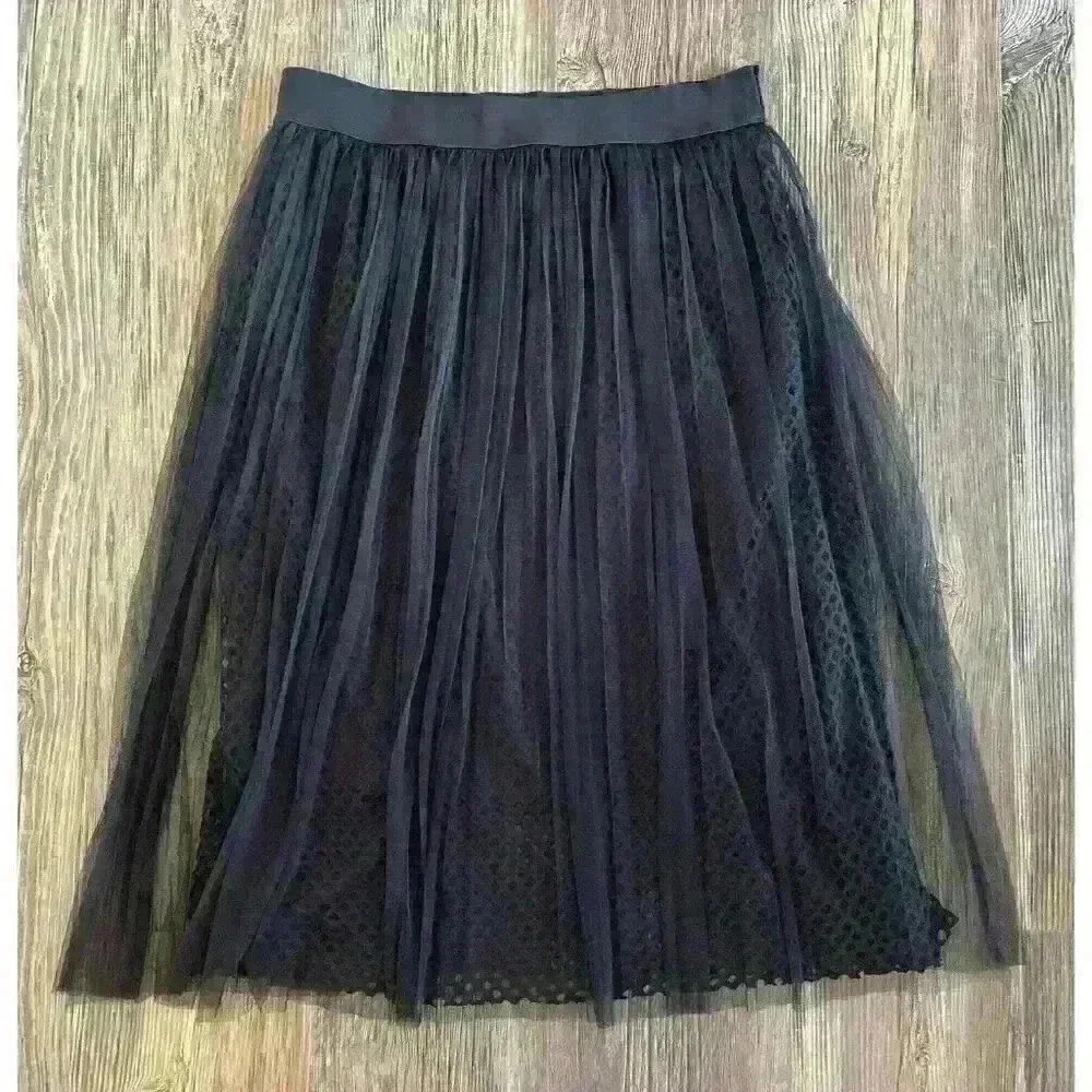 Studio West Apparel Skirt Lg High Waist Pleated Midi A-Line Black Mesh Overlays